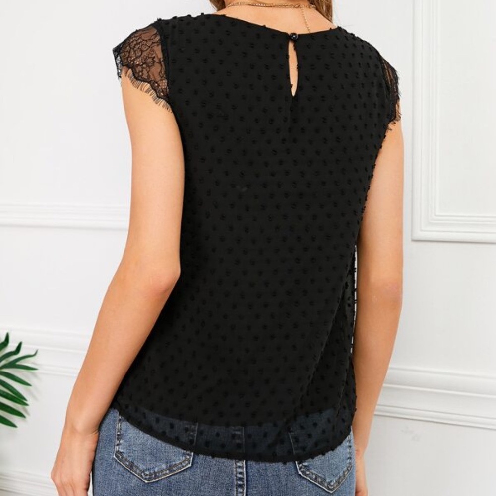 White Swiss Dot butterfly Lace Sleeve Top - Picture 6 of 7